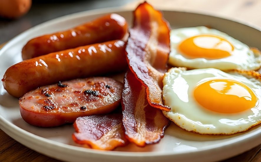 A meal of two eggs sunny-side up, 3 slices of bacon, and 3 sausages on a white plate resting on a wood tabletop.