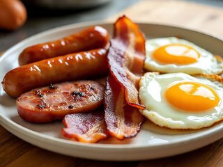 A meal of two eggs sunny-side up, 3 slices of bacon, and 3 sausages on a white plate resting on a wood tabletop.